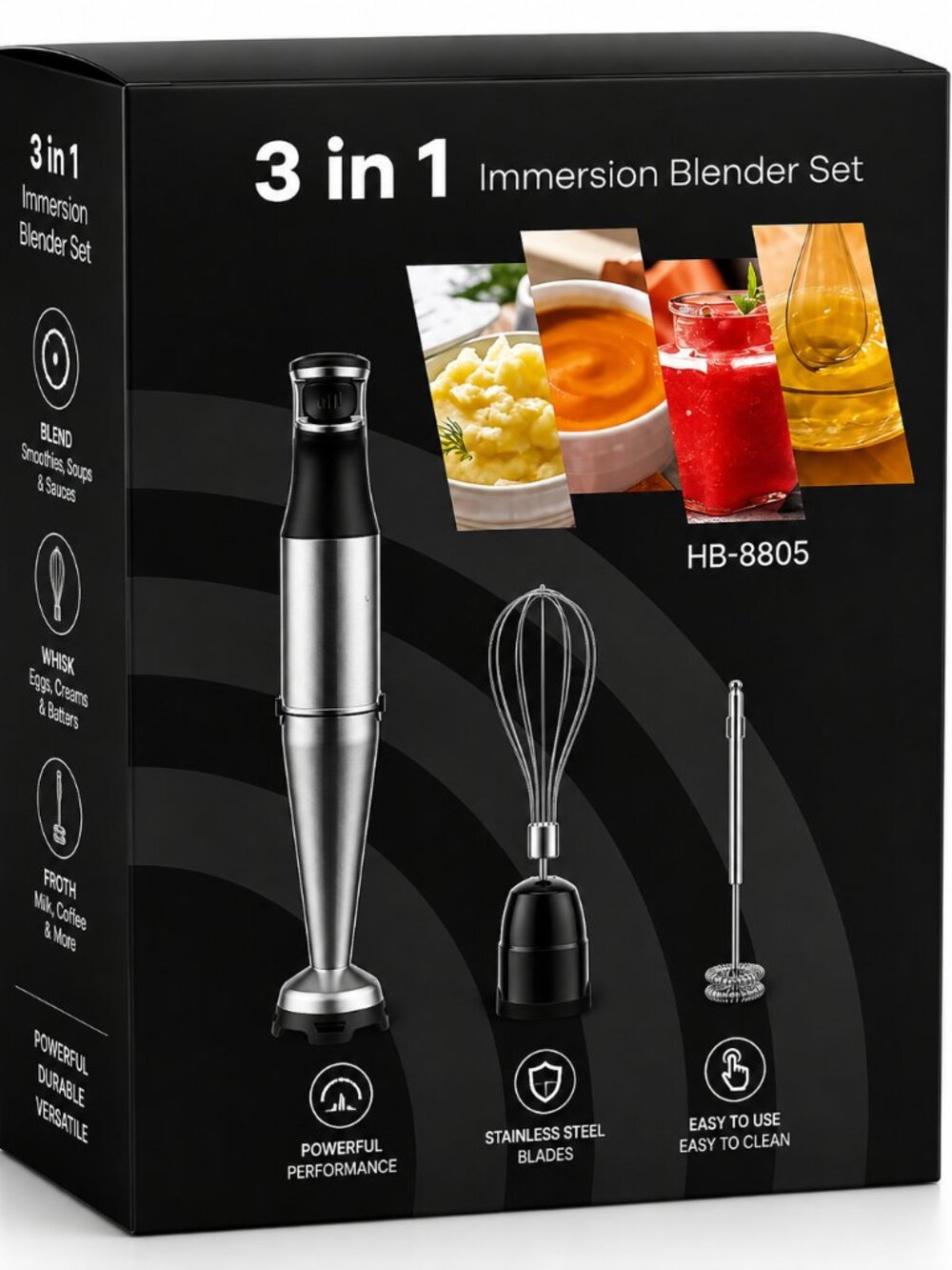3-in-1 Immersion Hand Blender Set Whisk & Milk Frother HB-8805 NEW
